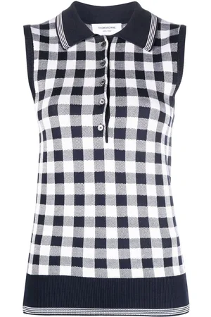 Thom Browne Gingham-jacquard sleeveless polo top