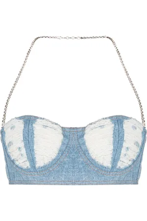 GCDS Ribbed washed-denim crop top