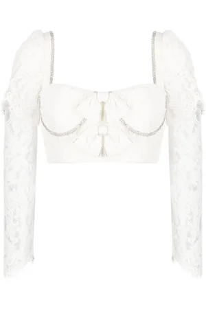 Self-Portrait Bow-detail corded lace cropped blouse