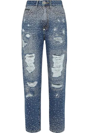 Philipp Plein Crystal-embellished distressed-denim trousers