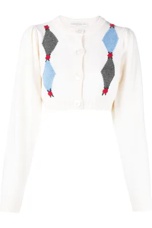 Alessandra Rich Rose-embroidered argyle wool cardigan