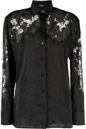 VERSACE Sheer-lace crinkled satin shirt