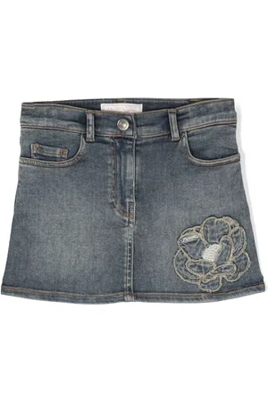 MONNALISA Floral-embroidered denim skirt