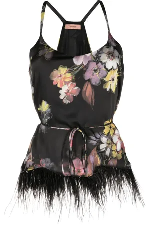 Twin-Set Floral-print feather-trim cami top