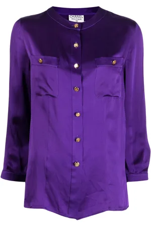 CHANEL 1990-2000 logo-buttons collarless silk shirt