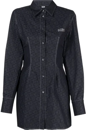 GCDS Monogram-pattern rhinestone-logo shirtdress