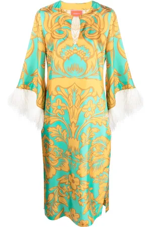 La DoubleJ Feather-trim silk kaftan