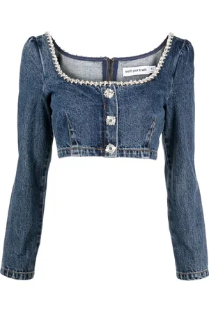 Self-Portrait Crystal-embellished cropped denim top
