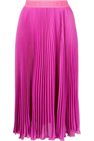 VERSACE Pleated logo-waistband midi skirt