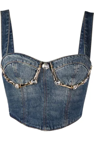 AREA Claw Cup crystal-embellished denim bustier