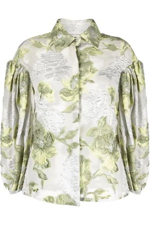 GEMY MAALOUF Floral-jacquard puff-sleeve organza blouse