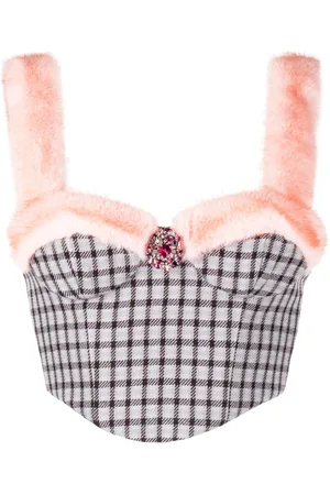 AREA Crystal-embellished faux-fur trim bustier