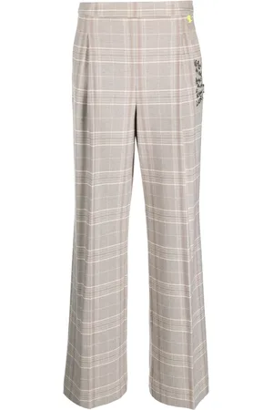 Twin-Set Plaid-check slogan-embroidered tailored trousers