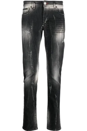 Philipp Plein Skull&Bones-embroidered faded jeans