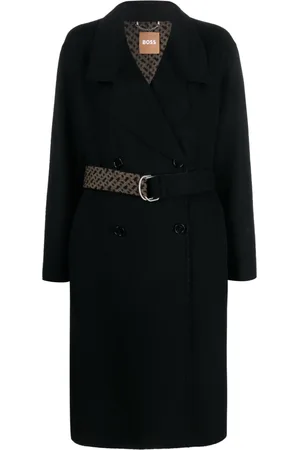 HUGO BOSS Monogram-jacquard belt wool-blend coat