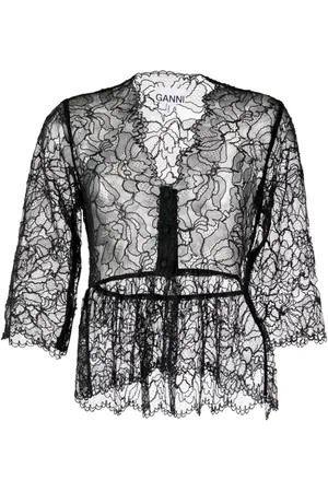 Ganni Floral-lace sheer peplum top