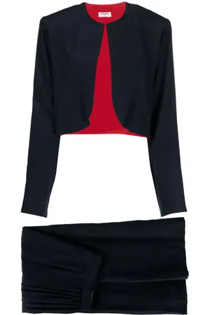 CHANEL 1990s collarless gathered two-piece silk skirt suit