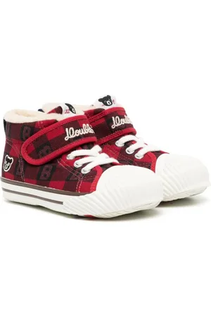 Miki House Embroidered-logo tartan check-print sneakers