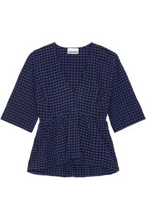 Ganni Seersucker-texture peplum blouse