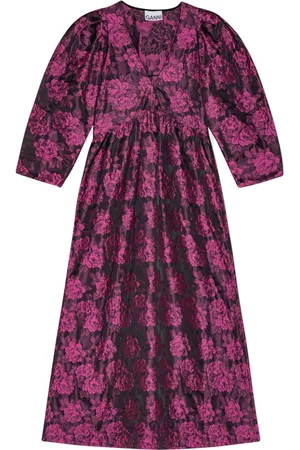 Ganni Botanical-jacquard puff-sleeves midi dress