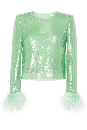 Self-Portrait Feather-trim sequinned top