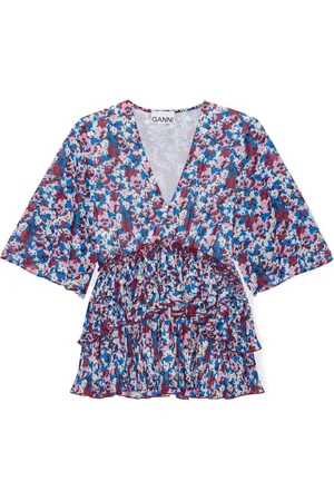 Ganni Floral-print V-neck pleated blouse