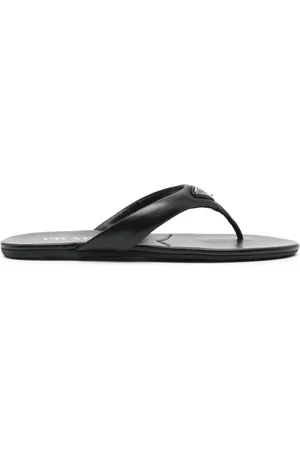 Prada Enamel-triangle leather flip flops