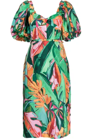 Farm Rio Floral-print puff-sleeve midi dress