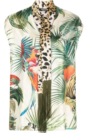 Roberto Cavalli Jungle-print tie-neck silk top