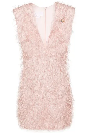 GENNY Brooch-detail fringed minidress