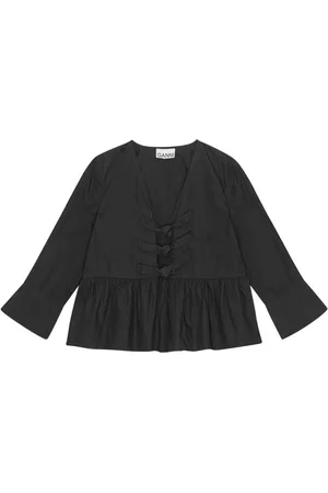 Ganni Cotton Poplin Tie String Peplum Blouse