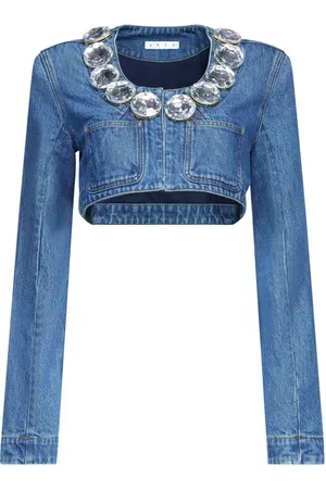 AREA Crystal-embellished cropped denim jacket