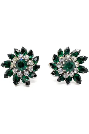 JENNIFER GIBSON JEWELLERY Vintage Austrian Emerald Crystal Floral Earrings 1950s