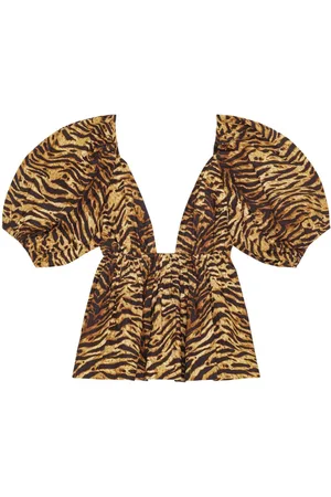 Ganni Tiger-print organic cotton flared blouse
