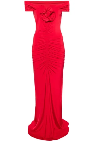 NISSA Floral-appliqué off-shoulder maxi dress