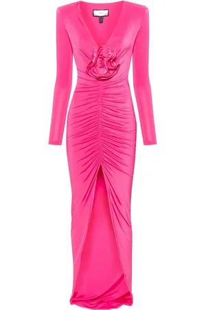 NISSA Floral-appliqué satin maxi dress