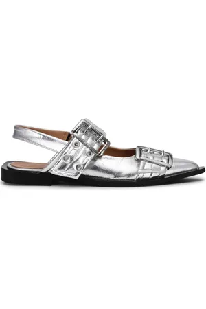 Ganni Double-buckled metallic-effect ballerina shoes