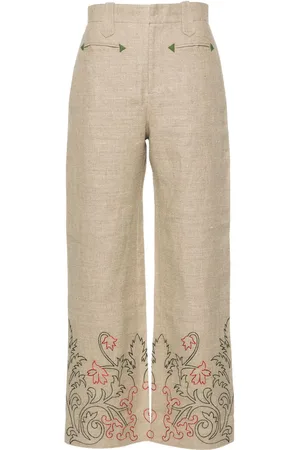 BODE Floral-embroidered linen trousers