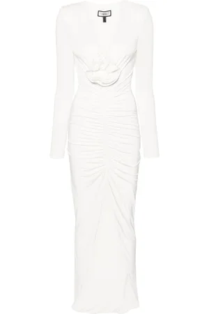 NISSA Rose-appliqué ruched maxi dress