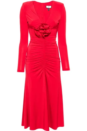 NISSA Floral-appliqué ruched gown