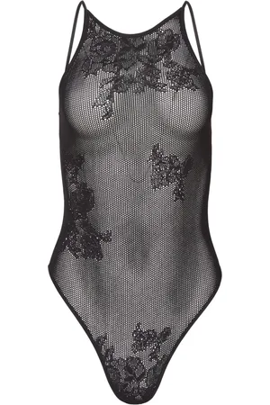 FLEUR DU MAL Pointelle-knit lace racer bodysuit