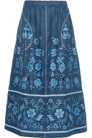 VITA KIN Floral-embroidered linen midi skirt