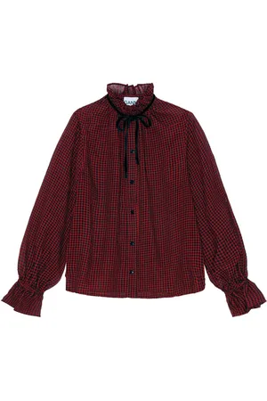 Ganni Check-print ruffle-collar shirt