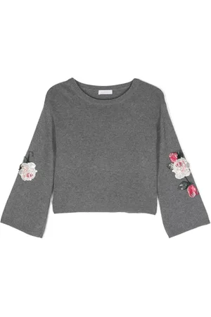 MONNALISA Floral-appliqué wool blend jumper