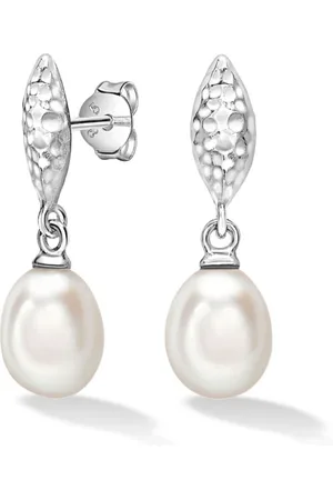 Dower and Hall Hammered Marquise and White Freshwater Pearl Drop earrings