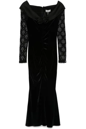 NISSA Floral-appliqué velvet midi dress