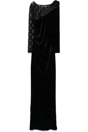 NISSA Lace-insert velvet maxi dress