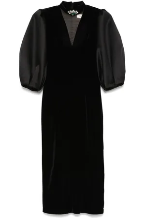 NISSA Velvet puff-sleeve midi dress