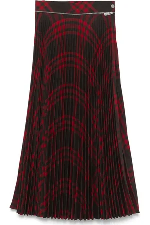 Burberry Pleated Check Wool Blend Midi Skirt