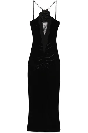 NISSA Floral-appliqué velvet midi dress